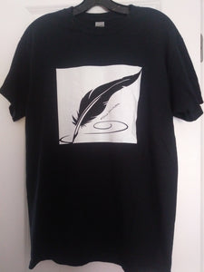 Black Quill Feather Pen Printed T-shirt with Hashtag